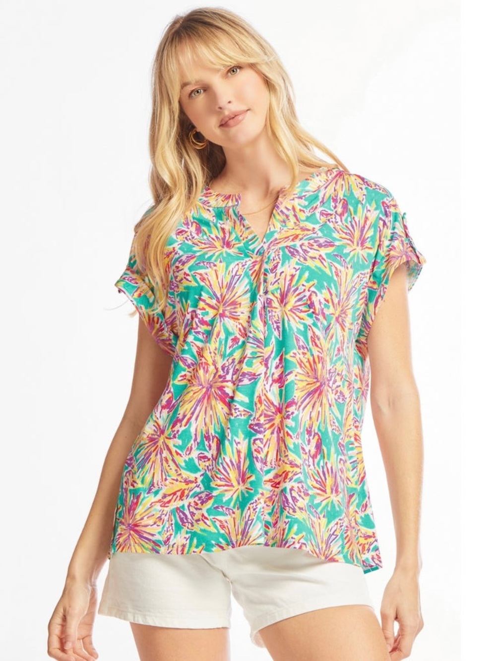 Floral Teal Short-Sleeve Split-Neck Blouse